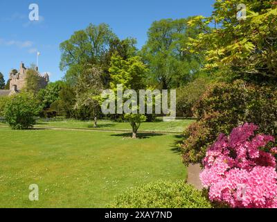 Ein schöner Garten im Frühling mit blühenden Büschen und Bäumen vor einer Burg, inverness, Schottland, Großbritannien Stockfoto