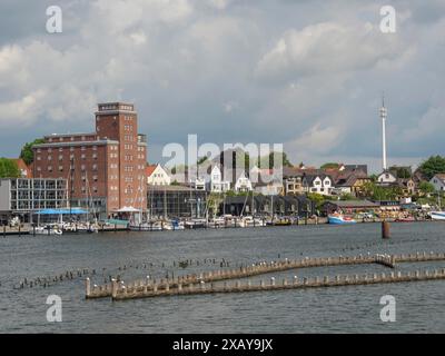 Stadtblick mit verschiedenen Gebäuden und Booten am Wasser unter bewölktem Himmel, Kappeln, Schleswig-Holstein, Deutschland Stockfoto