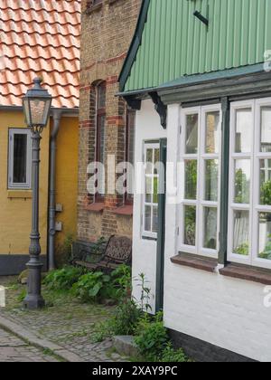 Fachwerkhaus mit weißen Fenstern und grüner Holzvertäfelung, daneben eine Straßenlaterne und Pflanzen, Schleswig-Holstein, Deutschland Stockfoto