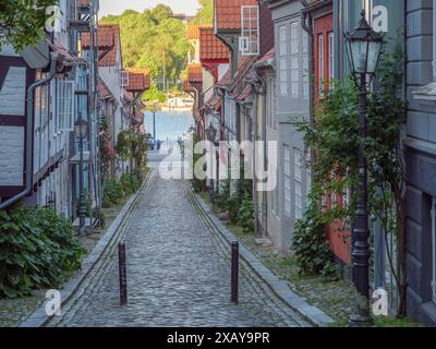 Eine enge Kopfsteinpflasterallee in einer Altstadt mit traditionellen Häusern an einem sonnigen Tag, Flensburg, Schleswig-Holstein, Deutschland Stockfoto