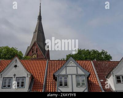 Der Kirchturm erhebt sich über Fachwerkhäusern und roten Ziegeldächern unter bewölktem Himmel, Flensburg, Schleswig-Holstein Stockfoto