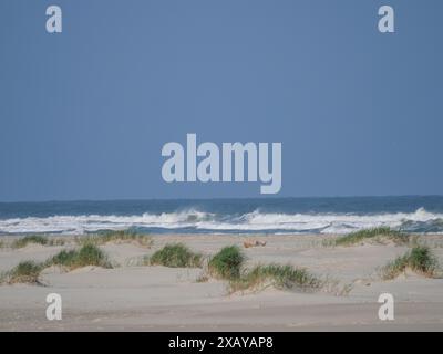 Dünenlandschaft am Meer mit brechenden Wellen und blauem Himmel im Hintergrund, Juist, ostfriesland, deutschland Stockfoto