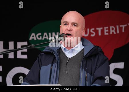 London, Großbritannien. November 2022. Mick Lynch spricht vor den Tausenden von Anhängern der Gewerkschaft in der Volksversammlung. Credit Mark Lear/Alamy Stockfoto