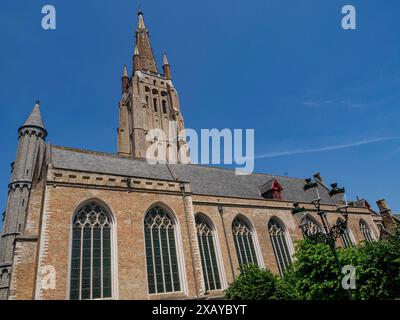 Große gotische Kirche mit Türmen und großen Fenstern in Brügge an einem sonnigen Tag, Brügge, Belgien Stockfoto