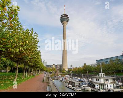 Fernsehturm und Yachthafen mit Booten entlang einer von Bäumen gesäumten Promenade, Düsseldorf, Nordrhein-Westfalen, DEUTSCHLAND Stockfoto