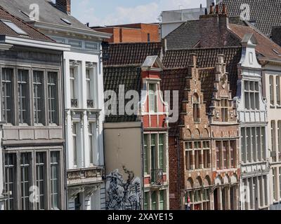 Eine Reihe historischer Gebäude mit detaillierten Fassaden in einer Stadt, Gent, Belgien Stockfoto