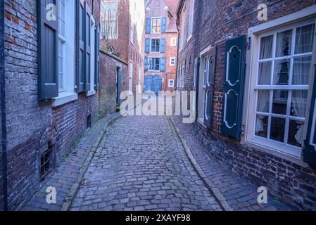 Ruhige Kopfsteinpflasterallee in der Altstadt, gesäumt von Häusern mit Fenstern und historischer Architektur, leer, Ostfriesland, Deutschland Stockfoto