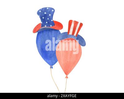 Onkel Sam hat rote blaue Ballons. Ovaler Ballon am Seil. Hut auf weißen Punkten und Streifen. Aquarellabbildung. Viel Spaß am 4. Juli. Stockfoto