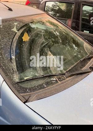 Cremona, Italien - 9. Juni 2024 staubiger Wagen, der nach einem Sandsturm auf einer Stadtstraße geparkt wurde und die Auswirkungen von Umweltverschmutzung und Wetter auf die Umwelt zeigt. Ur Stockfoto