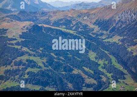 Ausgedehnte Berglandschaft mit dichten Wäldern, grünen Wiesen und klaren Aussichten, Graubünden, Schweiz Stockfoto