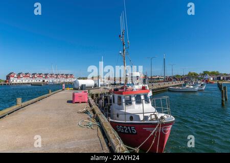 Bagenkop Hafen, Langeland Insel, Fünen, Fischerboot, Steg, Ferienhäuser, Dänische Südsee, Ostsee, Dänemark Stockfoto