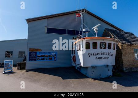 Bagenkop Harbour, Langeland Island, Funen County, Angelmuseum mit Radhaus vom Fischerboot, Dänische Südsee, Ostsee, Dänemark Stockfoto