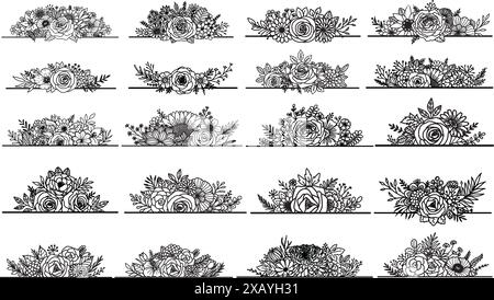 Handgezeichneter Blumenteiler Set mit Rose, Sonnenblumen Tulpen und Baumzweigen für Designelemente, Gravur, Bedrucken, Färben etc Vektorillustraten Stock Vektor