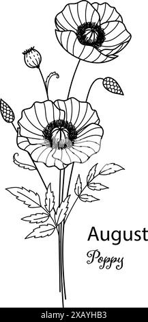 August Geburtsmonat Blume des August ist Mohnblume für den Druck Gravur, Laserschnitt, Färben und so weiter. Vecter-Illustration. Stock Vektor