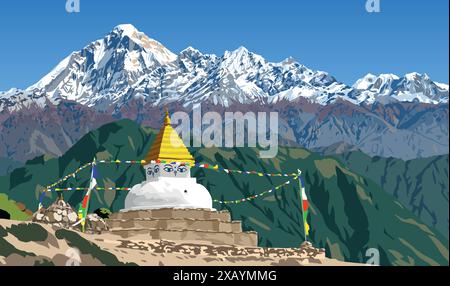 Berg Dhaulagiri und buddhistische Stupa oder Chorten und Gebetsfahnen, Buddhismus in Nepal himalaya Berge Stock Vektor