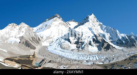 Mount Everest Lhotse und Nuptse von Nepal aus gesehen vom Pumori Basislager, Vektor-Illustration, Mount Everest 8.848 m, Khumbu-Tal, Sagarmatha nati Stock Vektor