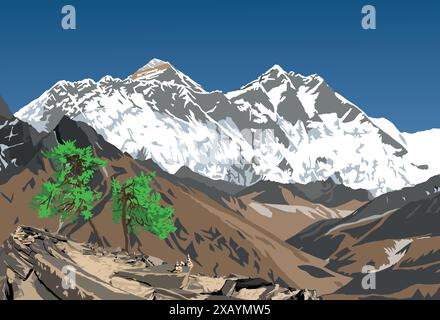 Mount Lhotse und Nuptse, Südfelswände, Gipfel des Mount Everest und des Ama Dablam Peak, Vektordarstellung, Khumbu-Tal, Everest und Nepal himalaya Moun Stock Vektor