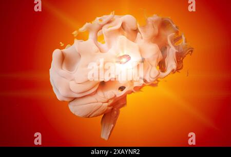 Gehirn von der Seite gesehen. Degenerative Erkrankungen. Degenerative Erkrankungen des Gehirns, Parkinson, Synapsen, Neuronen, Alzheimer, Krankheit, Konzept. 3D-Rendering Stockfoto