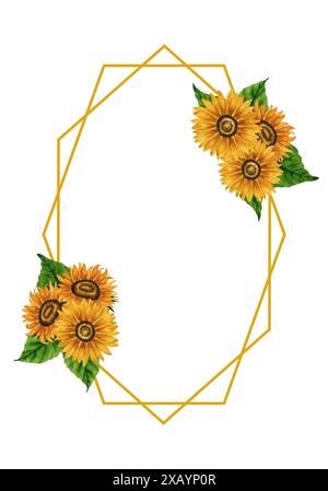 Geometrischer Polyederrahmen für Sonnenblumen in Aquarellfarben. Geometrischer Polygonrahmen mit gelben Blüten. Sommerliche Blumenkomposition. Herbstblumen-Arrangement. Stockfoto