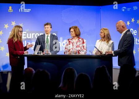 Niederlande. Juni 2024. DIE HAAG-D66-Parteivorsitzenden Gerben-Jan Gerbrandy, Marit Maij (PvdA GroenLinks) und Jeannette Baljeu (VVD) während des European Results abends der Europawahlen in Nieuwspoort. Sonntag war der letzte Tag der Abstimmung in Europa. ANP ROBIN UTRECHT niederlande Out - belgien Out Credit: ANP/Alamy Live News Stockfoto