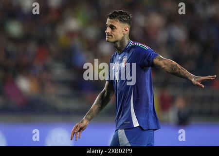 Empoli, Italien. Juni 2024. Italiens Gianluca Scamacca reagiert während des Freundschaftsspiels 2024 zwischen Italien und Bosnien und Herzegowina im Carlo Castellani Stadion - Sport, Fußball - Empoli, Italien - Sonntag, 8. Juni 2024 (Foto: Massimo Paolone/LaPresse) Credit: LaPresse/Alamy Live News Stockfoto