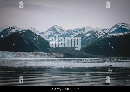 Erleben Sie die atemberaubende Schönheit der Gletscher und zerklüfteten Berge Alaskas, die in atemberaubender Detailgenauigkeit erfasst werden. Perfekt für Naturdokumentationen, Reise b Stockfoto