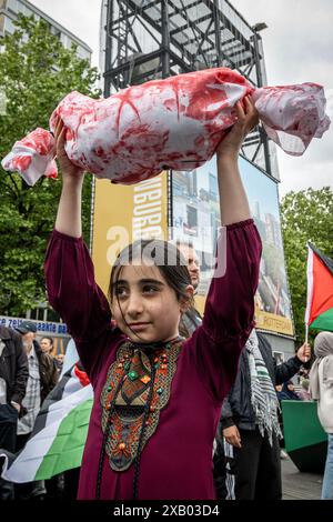 Rotterdam, Süd-Holland, Niederlande. Juni 2024. Ein junges Mädchen hält eine Schaufensterpuppe hoch, die ein in Gaza getötetes Kind symbolisiert. Am 9. Juni 2024 marschierten pro-palästinensische Demonstranten, die gegen die jüngsten Maßnahmen und die Gewalt Israels in Rafah protestierten, durch Rotterdam in den Niederlanden. (Kreditbild: © James Petermeier/ZUMA Press Wire) NUR REDAKTIONELLE VERWENDUNG! Nicht für kommerzielle ZWECKE! Stockfoto