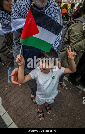 Rotterdam, Süd-Holland, Niederlande. Juni 2024. Ein Junge schwingt eine palästinensische Flagge und gibt ein Friedenszeichen. Am 9. Juni 2024 marschierten pro-palästinensische Demonstranten, die gegen die jüngsten Maßnahmen und die Gewalt Israels in Rafah protestierten, durch Rotterdam in den Niederlanden. (Kreditbild: © James Petermeier/ZUMA Press Wire) NUR REDAKTIONELLE VERWENDUNG! Nicht für kommerzielle ZWECKE! Stockfoto