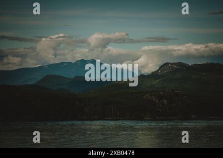 Halten Sie die beeindruckende Schönheit der rauen Landschaft Alaskas mit diesem atemberaubenden Bild fest, mit majestätischen Bergen, üppigen Wäldern und ruhigem Wasser Stockfoto