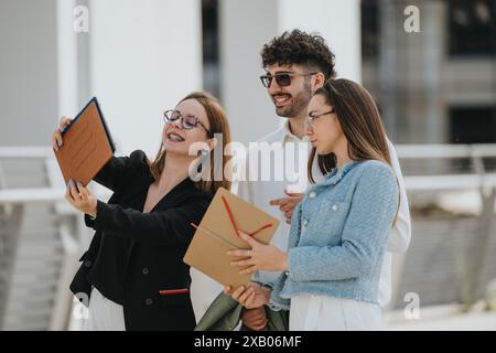 Junge Geschäftskollegen machen ein Selfie außerhalb des Büros Stockfoto