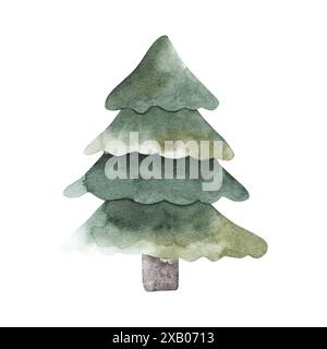 Niedliche Tannenbaum Aquarellillustration isoliert auf weißem Hintergrund, handgezeichnete Fichte Set für Kinderzimmerdekor oder Feier Karte. Einfach. primitivismus Stockfoto