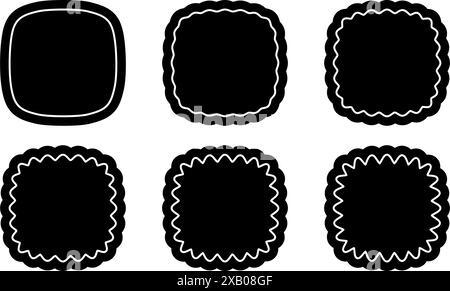 Set aus Eichhörnchen oder Quadraten mit gewellten abgerundeten Rändern und Ecken. Einfache geometrische Rahmen isoliert auf weißem Hintergrund. Wiggly Etiketten, Tags oder Boxen Vorlagen. Vektorgrafik. Stock Vektor