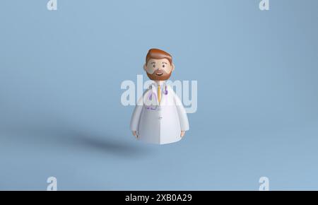 3D-Illustration eines männlichen Arztes mit einem Stethoskop, vor einem blauen Hintergrund, das Gesundheitswesen und medizinischen Beruf symbolisiert. Stockfoto