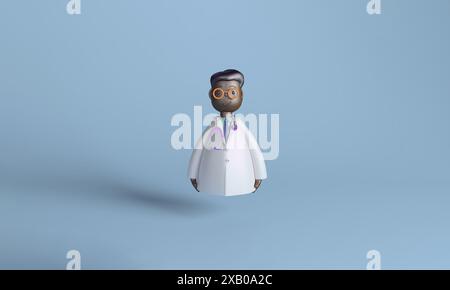 3D-Illustration eines lächelnden Arztcharakters mit einem Stethoskop, vor einem hellblauen Hintergrund, das Gesundheitswesen und den medizinischen Beruf repräsentiert. Stockfoto