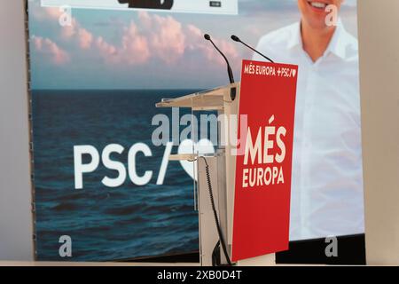 Barcelona, Spanien. Juni 2024. Das PSK, der katalanische Zweig der PSOE, erklärt sich selbst zum Sieger der Europawahlen in Katalonien." El PSC, la rama catalana del PSOE, se proclama ganador de las elecciones europeas en Catalu&#xf1;a.“ Auf dem Bild: salvador illa, jaume collbonil, javi lopez News Politics -Barcelona, Spanien sonntag, 9. juni 2024 (Foto: Eric Renom/LaPresse) Credit: LaPresse/Alamy Live News Stockfoto