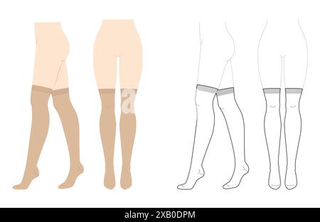 Socken über dem Knie auf den Beinen von Frauen – natürlicher Beige- und Linienstil. Strumpfwaren Mode Accessoire Kleidung technische Illustration Strumpf. Vektorfront, Seitenansicht, Modellskizze für flache Vorlagen isoliert Stock Vektor