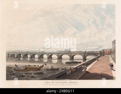 Ein gedruckter Farbstich mit Blick auf die Waterloo Bridge von Somerset House Terrace London im Jahr 1818 Herausgeber Rudolph Ackermann Skyline aus dem 19. Jahrhundert und historische Perspektive der Stadt graviert alte antike Aquarelldrucke Stockfoto