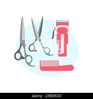 Friseurwerkzeuge Set für Schönheitssalon, Schere, Kamm und Haarschneider Vektorillustration Stock Vektor