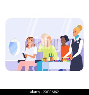 Flugbegleiter, der den Passagieren Essen und Getränke serviert, Frau im Gang mit Karren-Vektor-Illustration Stock Vektor