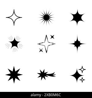 Vektorsternsymbole. Schwarze Starburst-Formen. Verschiedene Sternendesigns. Minimalistischer Stil. Stock Vektor