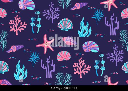 Nahtloses Unterwassermuster mit Muscheln. Aquarium oder Meereslebewesen Algen Korallen trendiger grenzenloser Hintergrund. Muscheln und Meeresalgen endloses Design für Papierdruck, Textil-Wickler-Hintergrundschablone Stock Vektor