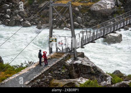 Die erste Swing Bridge im Hooker Valley in Neuseeland Stockfoto