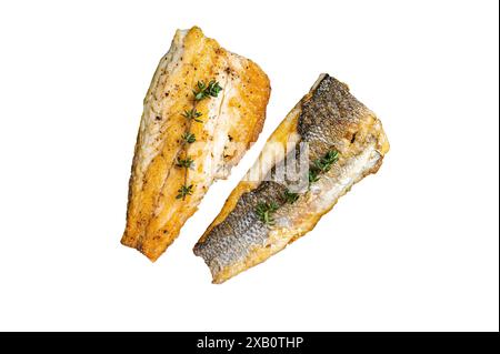Gegrilltes Seebarschfilet mit Limette und Thymian. Isoliert auf weißem Hintergrund Stockfoto
