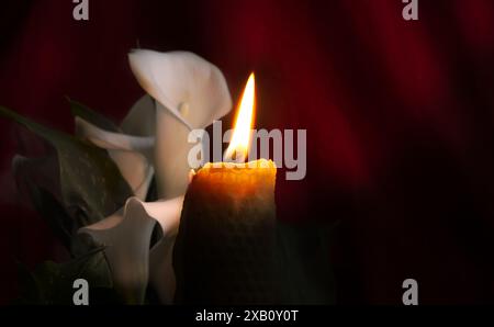 Wachskerze mit einer gelben Flamme, zentral positioniert, brennt in einer dunklen Umgebung vor einem roten Vorhang, der ein Gefühl von Tiefe, Qui vermittelt Stockfoto