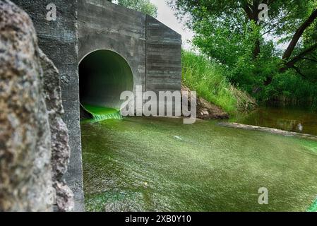 Hellgrün verschmutztes Abwasser, das durch ein Entwässerungsrohr fließt, das durch eine Betonwand in einem ökologischen und ökologischen Konzept austritt Stockfoto