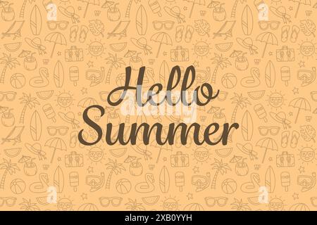Nahtloses „Hello Summer“-Muster. Die Schrift ist kursiv und ist von verschiedenen Bildern umgeben, die mit dem Strand in Verbindung stehen, wie Sonnenschirmen, Sonnenbrillen Stock Vektor