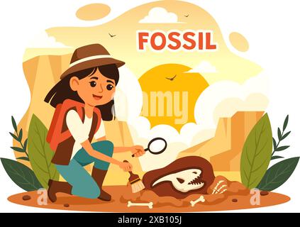 Fossil Vector Illustration von Archäologen, die Dinosaurierskelette während der Ausgrabungen entdeckten, dargestellt in einem flachen Cartoon-Stil Hintergrund Stock Vektor