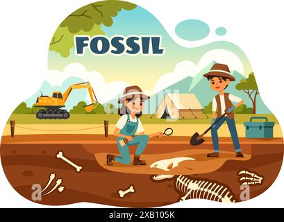 Fossil Vector Illustration von Archäologen, die Dinosaurierskelette während der Ausgrabungen entdeckten, dargestellt in einem flachen Cartoon-Stil Hintergrund Stock Vektor