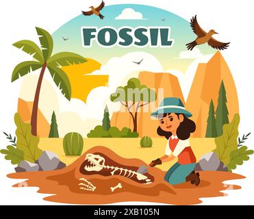Fossil Vector Illustration von Archäologen, die Dinosaurierskelette während der Ausgrabungen entdeckten, dargestellt in einem flachen Cartoon-Stil Hintergrund Stock Vektor