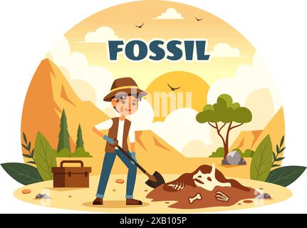 Fossil Vector Illustration von Archäologen, die Dinosaurierskelette während der Ausgrabungen entdeckten, dargestellt in einem flachen Cartoon-Stil Hintergrund Stock Vektor